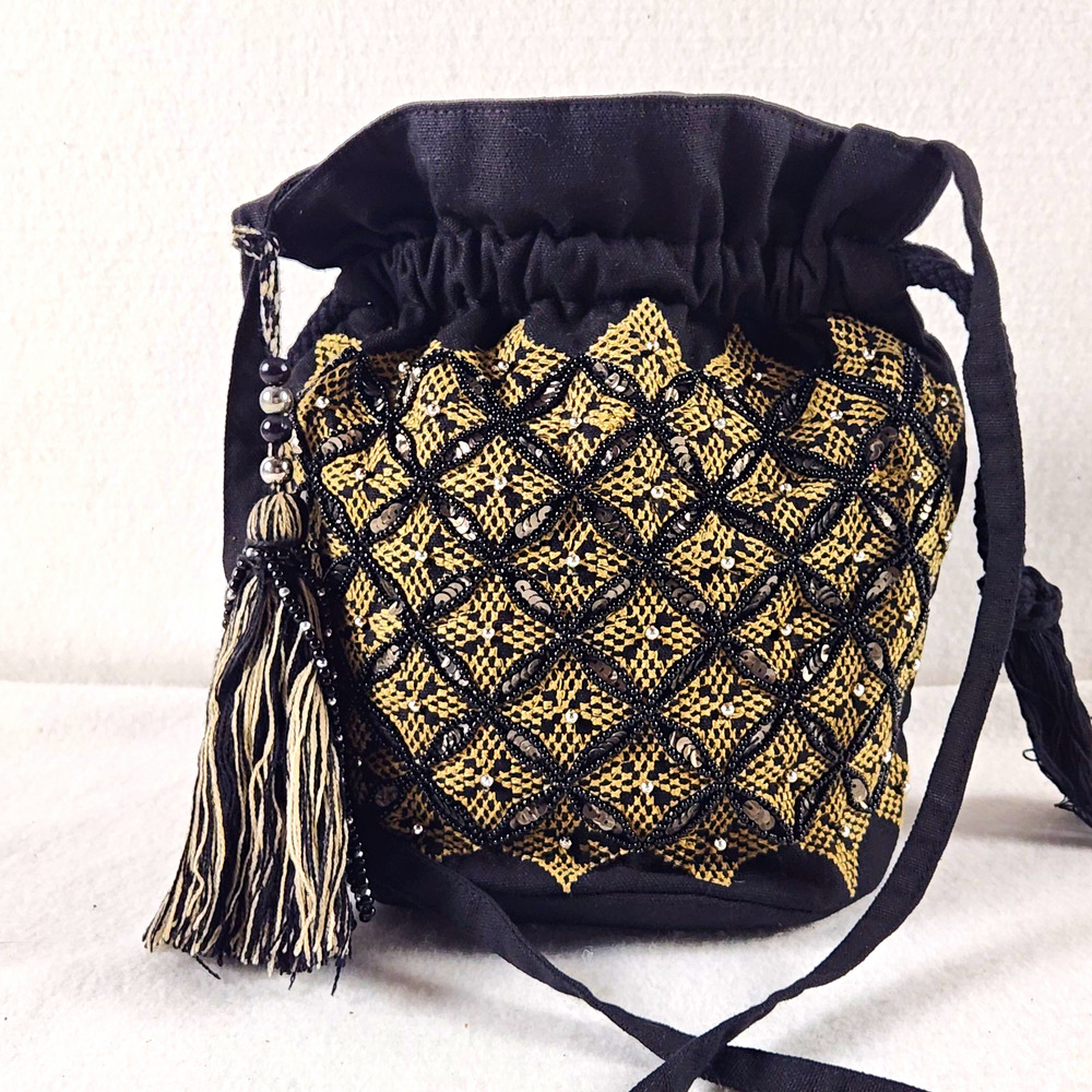 World Market Black Gold Beaded Drawstring Bucket Crossbody Bag Tassel Boho NWT